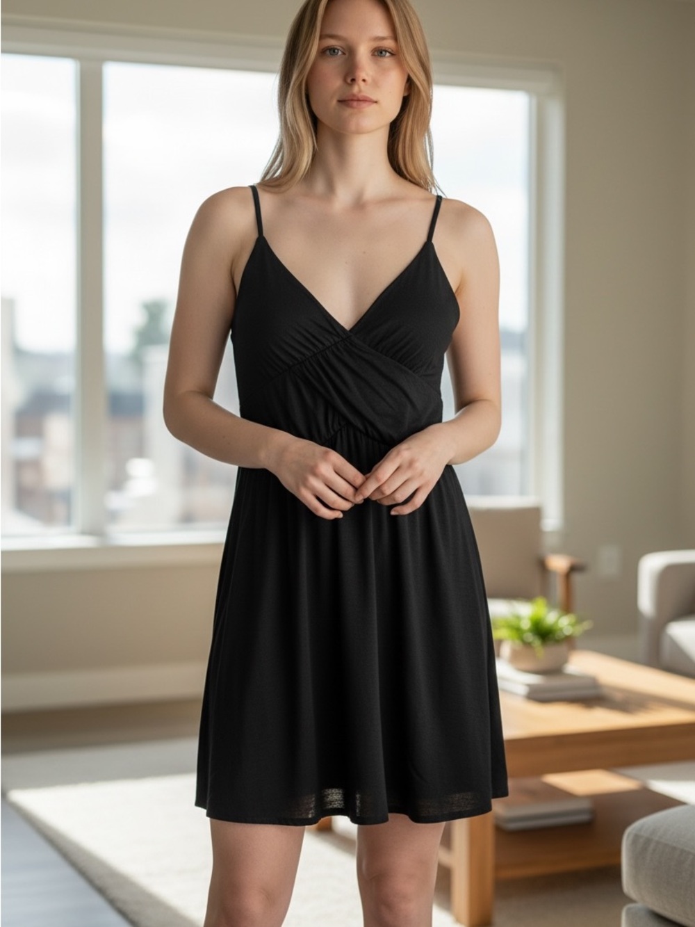 Black Ruched Surplice Spaghetti Strap Dress Size Larg